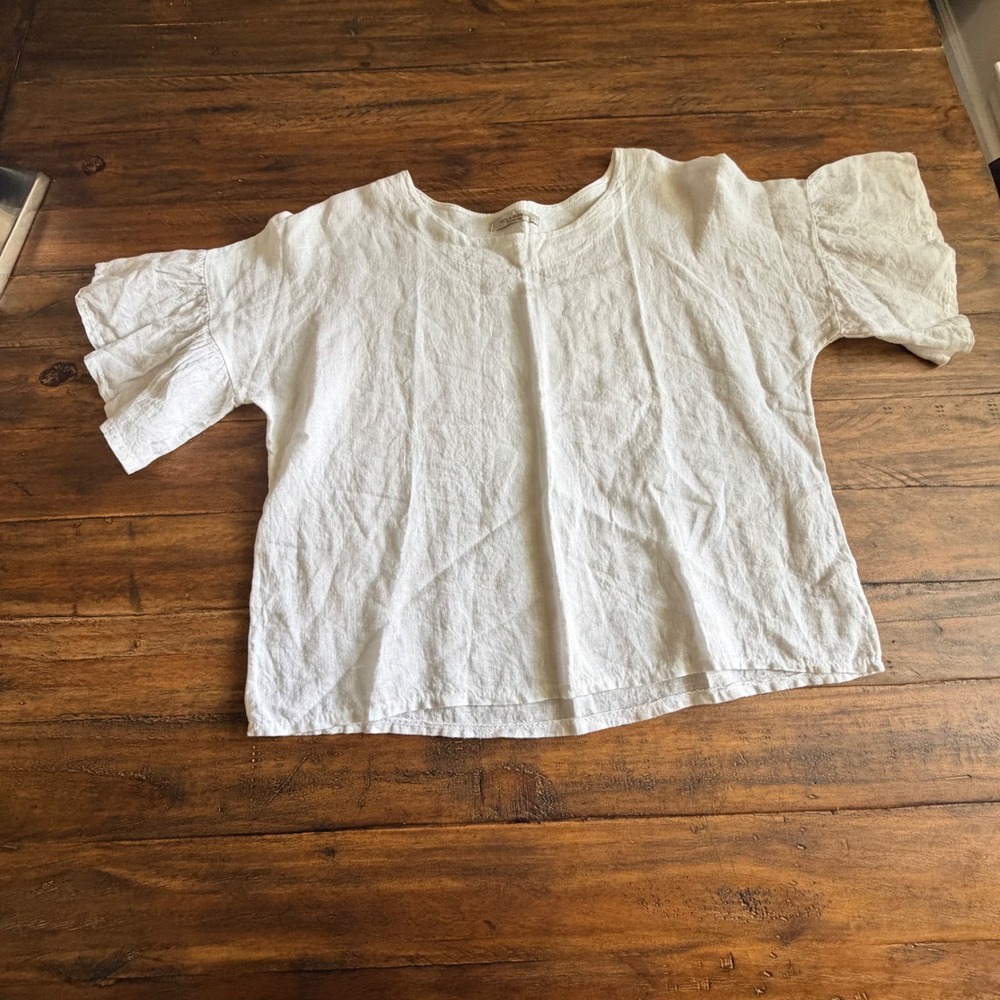 Viola Borghi White 100% Linen Ruffle Bell Sleeve Boxy Top Minimalist Large Italy